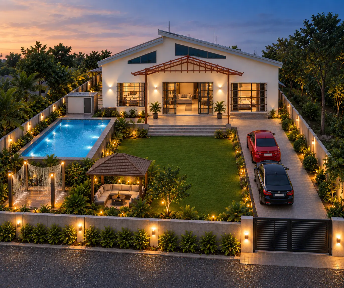 Blue Moon Villa farmhouse at dusk with pool, lawn and gazebo